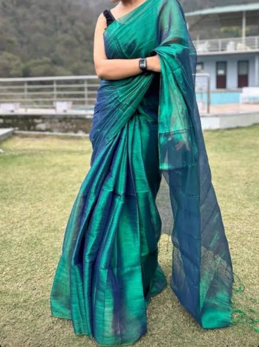 Raga Tissue Saree - Peacock Green - RT001